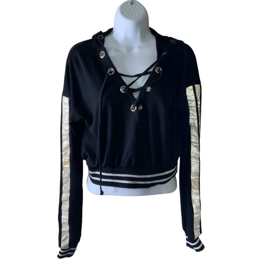 Nadia Cropped Vintage Sweatshirt Women M Drawstring Vneck Hooded Casual Pullover